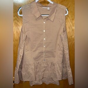 LOGO by Lori Goldstein mustard beige/pale pink stripe button down peplum tank 2X